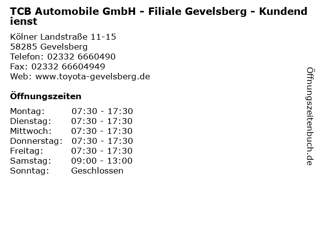 TCB Automobile GmbH - Filiale Gevelsberg - Kundendienst in Gevelsberg: Adresse und Öffnungszeiten