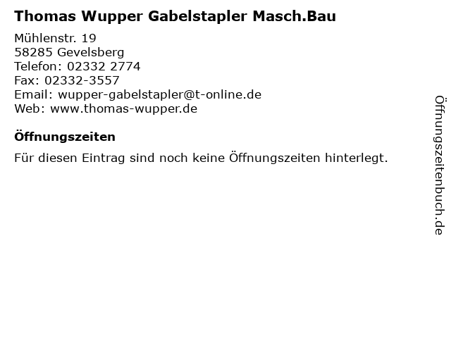 Thomas Wupper Gabelstapler Masch.Bau in Gevelsberg: Adresse und Öffnungszeiten