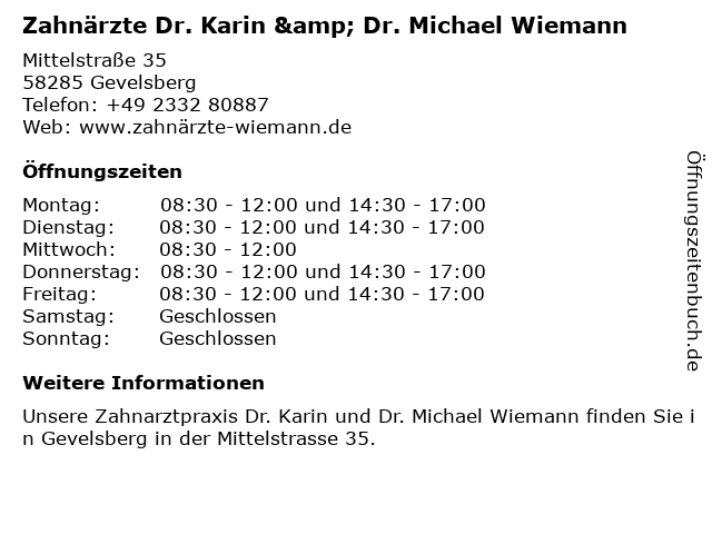 Zahnärzte Dr. Karin & Dr. Michael Wiemann in Gevelsberg: Adresse und Öffnungszeiten