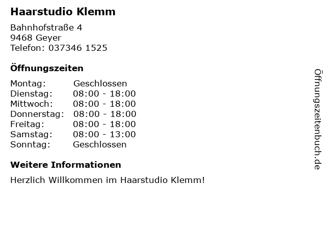 Haarstudio Klemm in Geyer: Adresse und Öffnungszeiten
