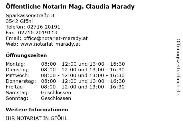 Öffentliche Notarin Mag. Claudia Marady in Gföhl: Adresse und Öffnungszeiten