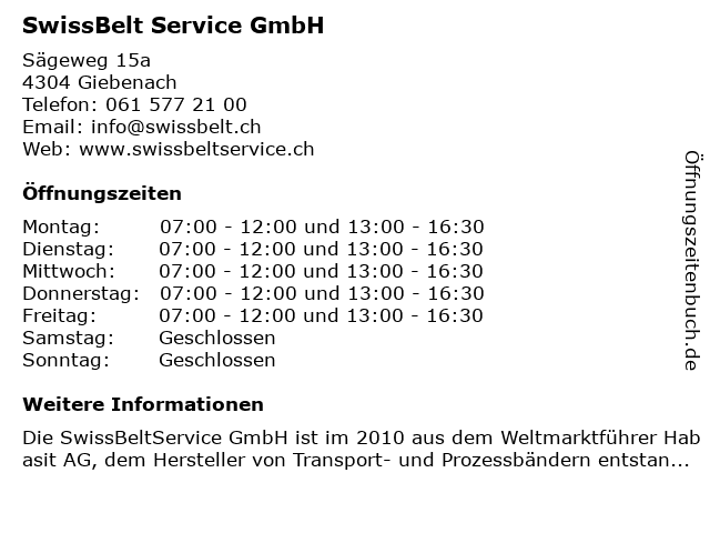 SwissBelt Service GmbH in Giebenach: Adresse und Öffnungszeiten