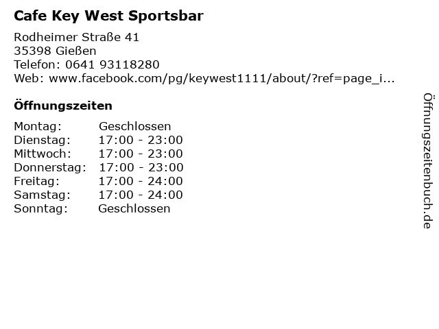 Cafe Key West Sportsbar in Gießen: Adresse und Öffnungszeiten