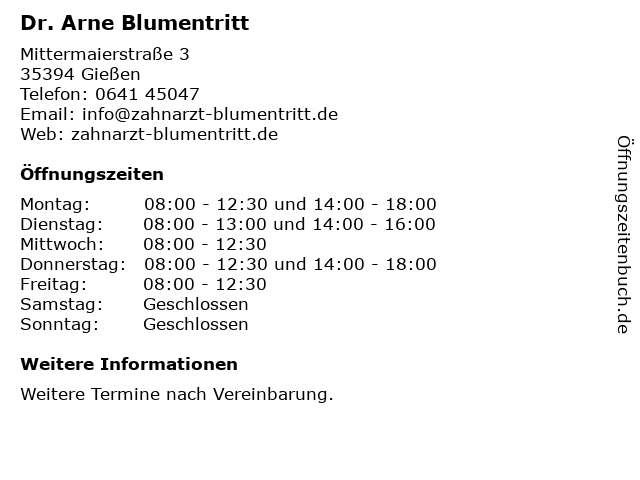Dr. Arne Blumentritt in Gießen: Adresse und Öffnungszeiten