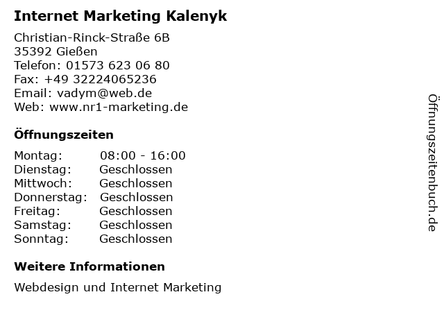 Internet Marketing Kalenyk in Gießen: Adresse und Öffnungszeiten