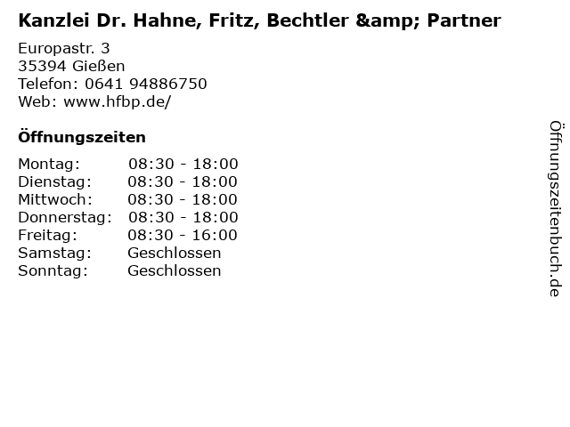 Kanzlei Dr. Hahne, Fritz, Bechtler & Partner in Gießen: Adresse und Öffnungszeiten