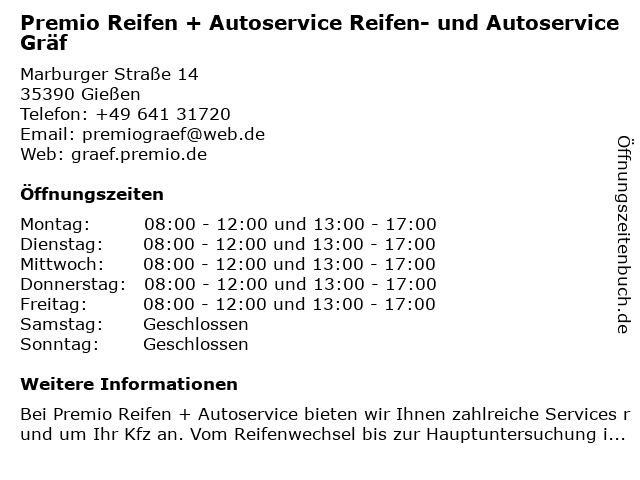 Premio Reifen + Autoservice Reifen- und Autoservice Gräf in Gießen: Adresse und Öffnungszeiten