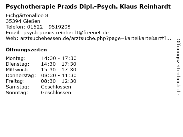 Psychotherapie Praxis Dipl.-Psych. Klaus Reinhardt in Gießen: Adresse und Öffnungszeiten