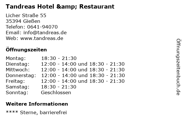 Tandreas Hotel & Restaurant in Gießen: Adresse und Öffnungszeiten
