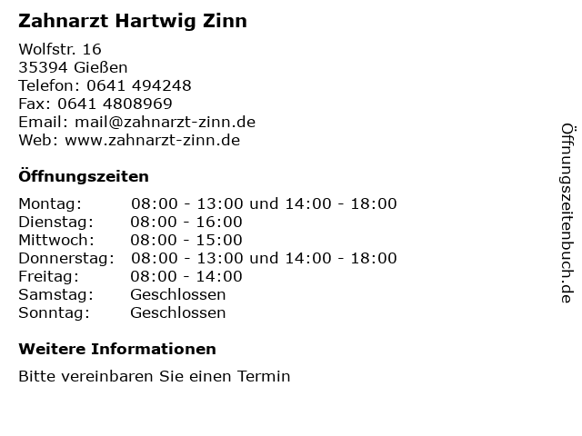 Zahnarzt Hartwig Zinn in Gießen: Adresse und Öffnungszeiten