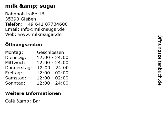 milk & sugar in Gießen: Adresse und Öffnungszeiten