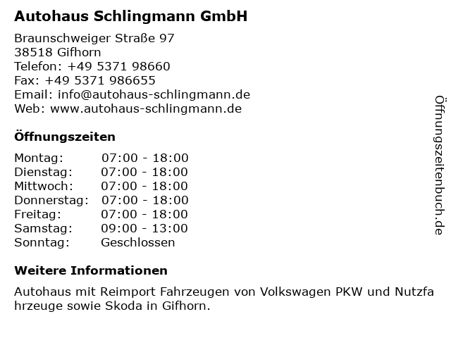 Autohaus Schlingmann GmbH in Gifhorn: Adresse und Öffnungszeiten