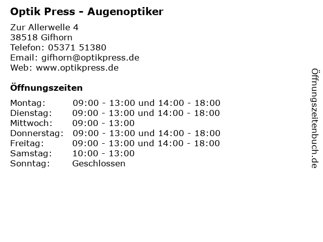 Optik Press - Augenoptiker in Gifhorn: Adresse und Öffnungszeiten