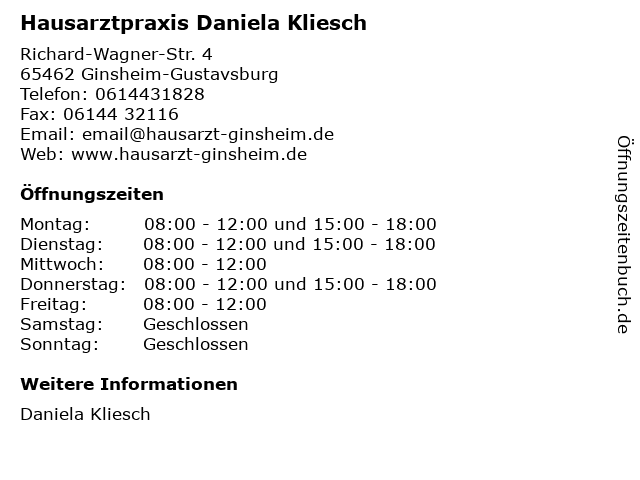 Hausarztpraxis Daniela Kliesch in Ginsheim-Gustavsburg: Adresse und Öffnungszeiten