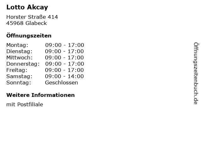 ᐅ Offnungszeiten Lotto Akcay Horster Strasse 414 In Glabeck