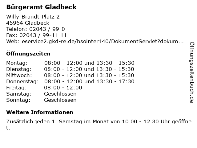 Bürgeramt Gladbeck in Gladbeck: Adresse und Öffnungszeiten