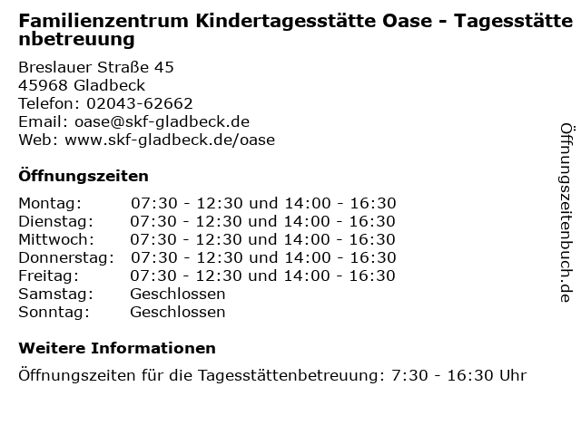 Familienzentrum Kindertagesstätte Oase - Tagesstättenbetreuung in Gladbeck: Adresse und Öffnungszeiten