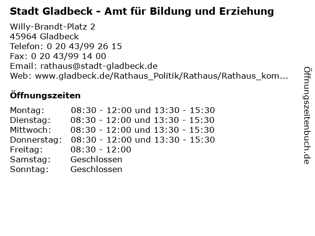 Stadt Gladbeck - Amt für Bildung und Erziehung in Gladbeck: Adresse und Öffnungszeiten