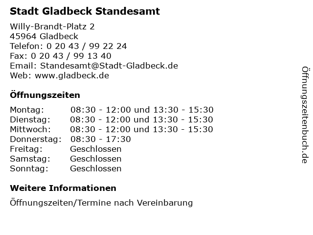 Stadt Gladbeck Standesamt in Gladbeck: Adresse und Öffnungszeiten