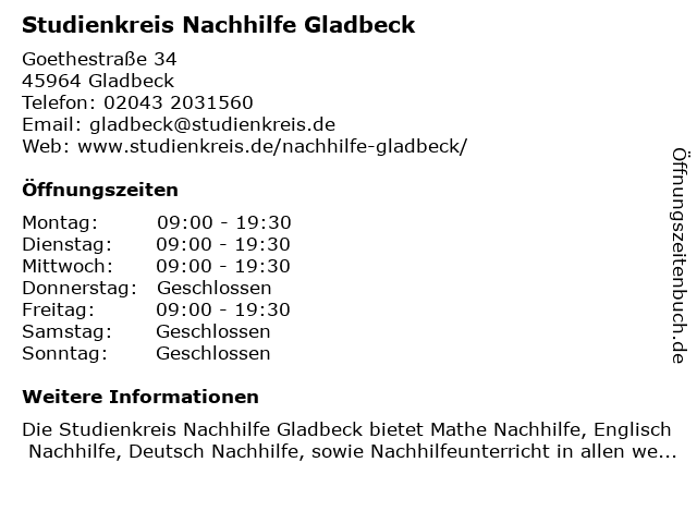 Studienkreis Nachhilfe Gladbeck in Gladbeck: Adresse und Öffnungszeiten