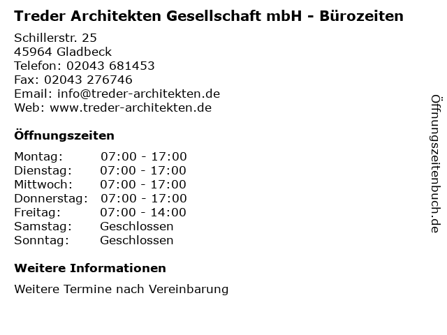 Treder Architekten Gesellschaft mbH - Bürozeiten in Gladbeck: Adresse und Öffnungszeiten