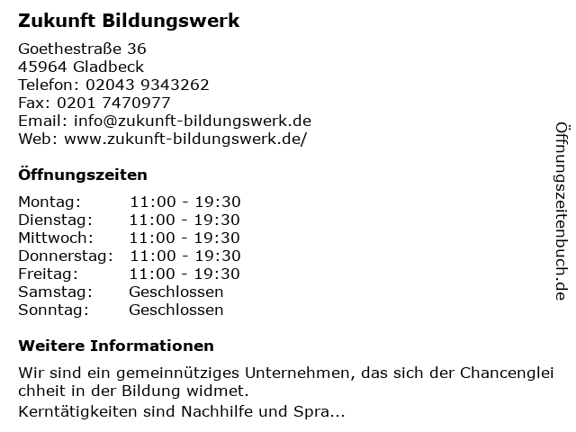 Zukunft Bildungswerk in Gladbeck: Adresse und Öffnungszeiten