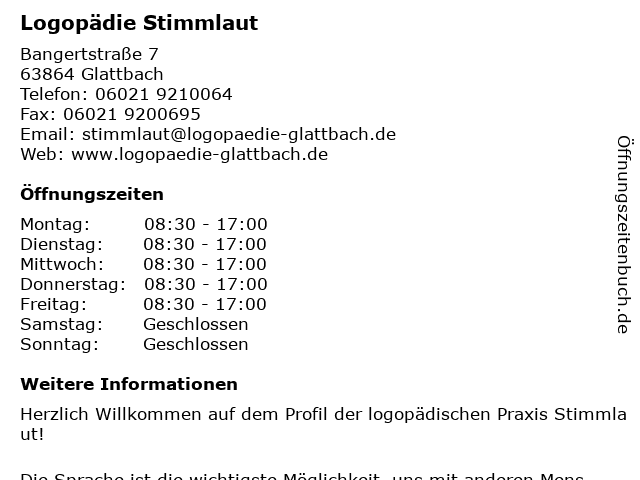 Logopädie Stimmlaut in Glattbach: Adresse und Öffnungszeiten