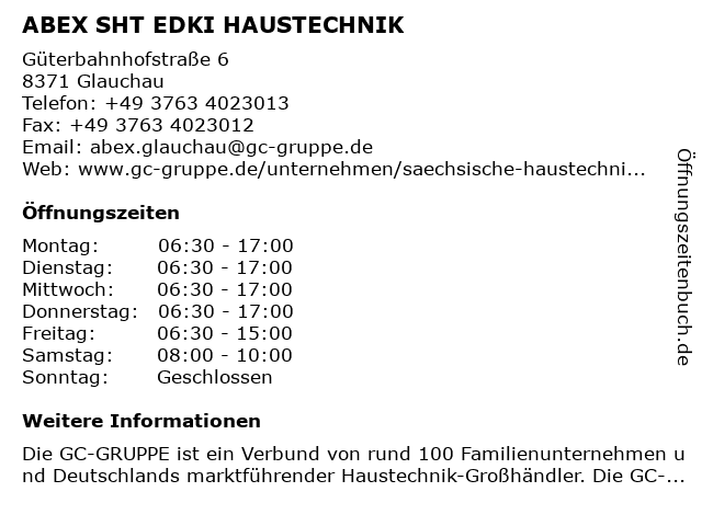 ABEX SHT EDKI HAUSTECHNIK in Glauchau: Adresse und Öffnungszeiten