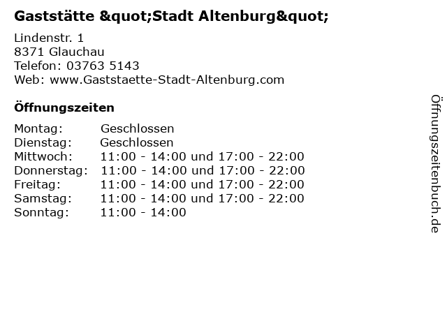 Joachim Speisegaststätte "Stadt Altenburg" Inh. Kunze in Glauchau: Adresse und Öffnungszeiten