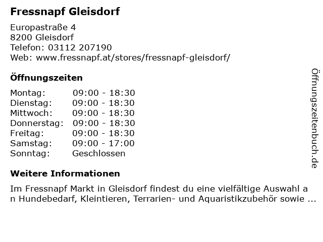 Fressnapf Gleisdorf in Gleisdorf: Adresse und Öffnungszeiten