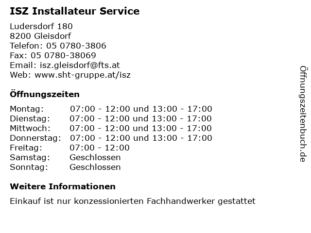 ISZ Installateur Service in Gleisdorf: Adresse und Öffnungszeiten