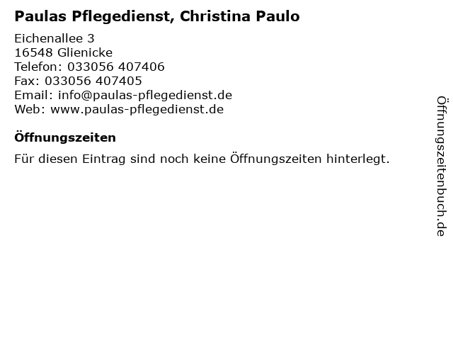 Paulas Pflegedienst, Christina Paulo in Glienicke: Adresse und Öffnungszeiten