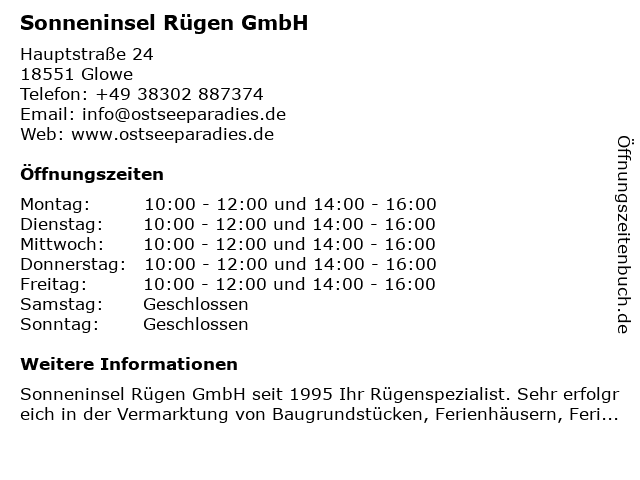 Sonneninsel Rügen GmbH in Glowe: Adresse und Öffnungszeiten