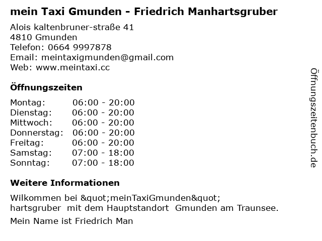 mein Taxi Gmunden - Friedrich Manhartsgruber in Gmunden: Adresse und Öffnungszeiten