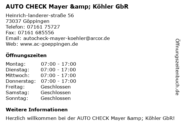 AUTO CHECK Mayer & Köhler GbR in Göppingen: Adresse und Öffnungszeiten