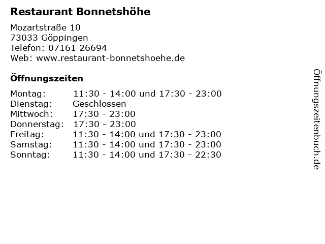 Restaurant Bonnetshöhe, Inh. Luigi Inglese in Göppingen: Adresse und Öffnungszeiten