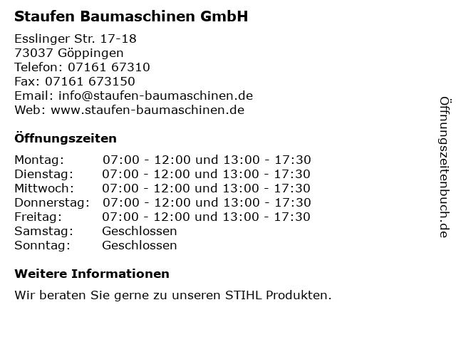 Staufen-Baumaschinen GmbH in Göppingen: Adresse und Öffnungszeiten