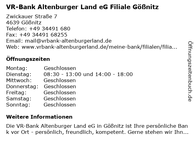 ᐅ Offnungszeiten Vr Bank Altenburger Land Zwickauer Strasse 7