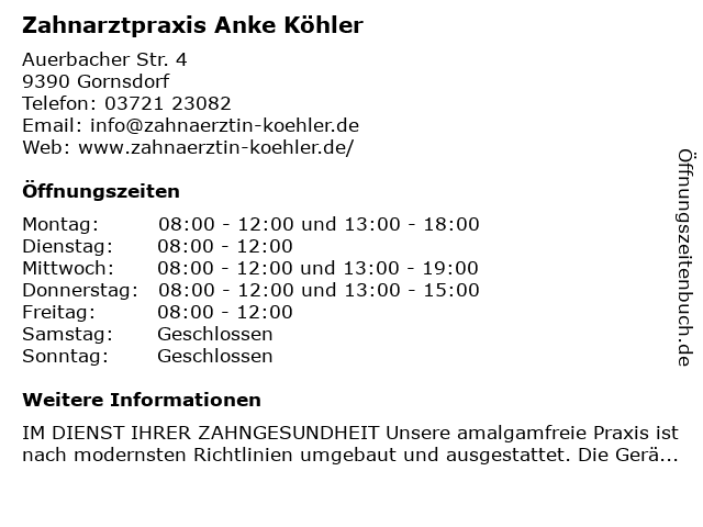 Zahnarztpraxis Anke Köhler in Gornsdorf: Adresse und Öffnungszeiten