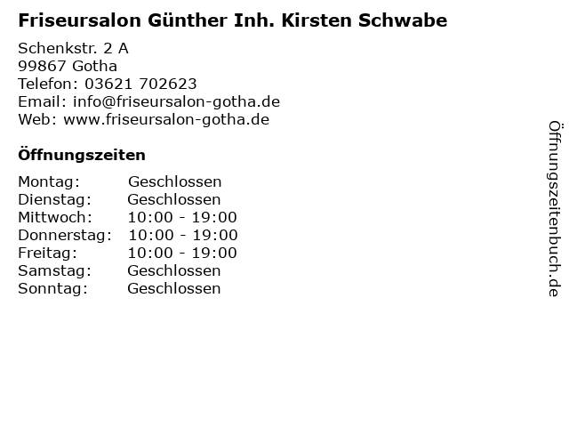 Friseursalon Günther Inh. Kirsten Schwabe in Gotha: Adresse und Öffnungszeiten