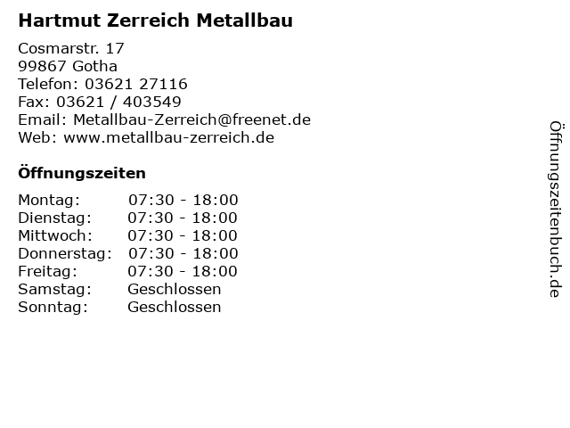 Hartmut Zerreich Metallbau in Gotha: Adresse und Öffnungszeiten