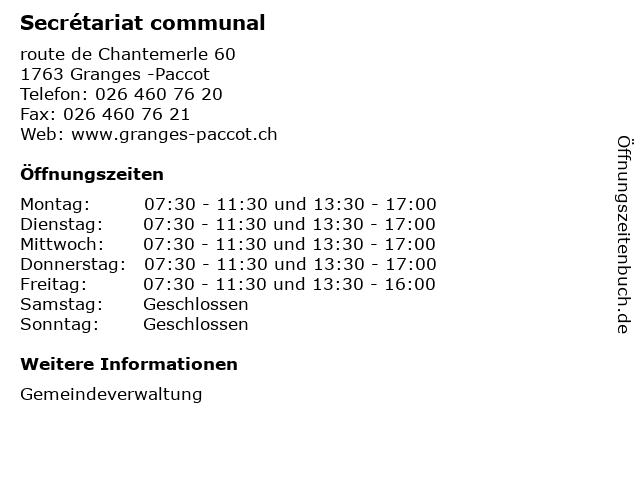 Secrétariat communal in Granges -Paccot: Adresse und Öffnungszeiten