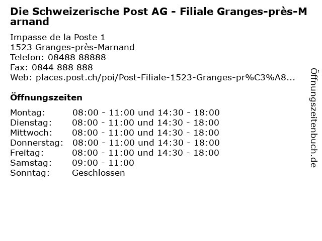 Die Schweizerische Post AG - Filiale Granges-près-Marnand in Granges-près-Marnand: Adresse und Öffnungszeiten