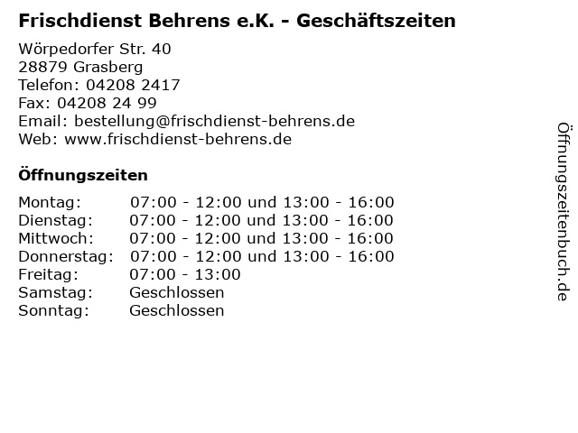 Frischdienst Behrens e.K. - Geschäftszeiten in Grasberg: Adresse und Öffnungszeiten
