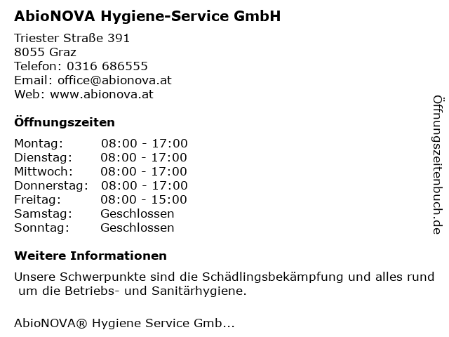 AbioNOVA Hygiene-Service GmbH in Graz: Adresse und Öffnungszeiten