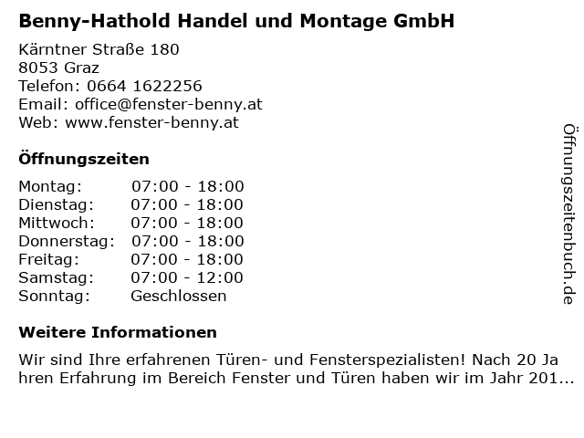Benny-Hathold Handel und Montage GmbH in Graz: Adresse und Öffnungszeiten