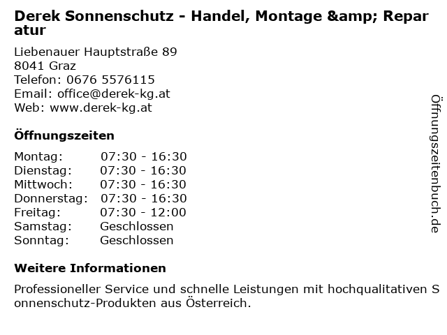 Derek Sonnenschutz - Handel, Montage & Reparatur in Graz: Adresse und Öffnungszeiten