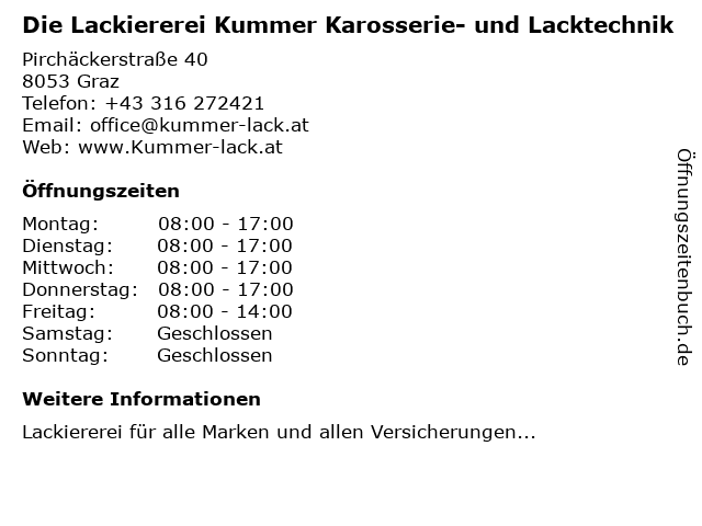 Die Lackiererei Kummer Karosserie- und Lacktechnik in Graz: Adresse und Öffnungszeiten