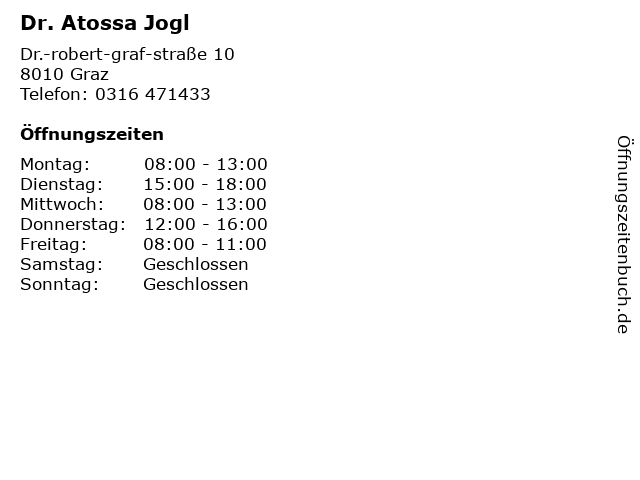 Dr. Atossa Jogl in Graz: Adresse und Öffnungszeiten