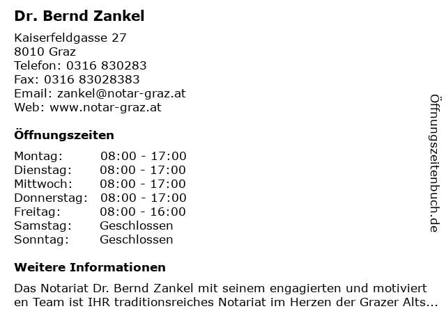 Dr. Bernd Zankel in Graz: Adresse und Öffnungszeiten